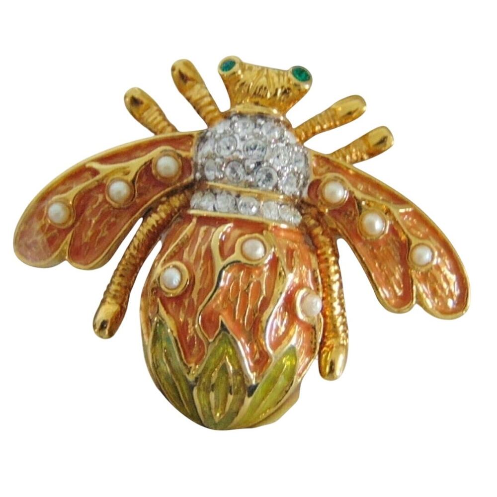 Joan Rivers Bee Brooch Pin Lily Of The Valley Flower Faux Pearl Crystal Gold Vtg